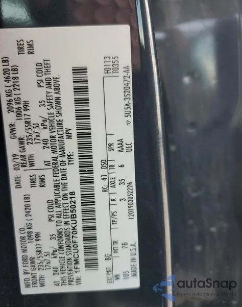 2019 Ford Escape S из США, поврежденный, VIN 1FMCU0F70KUB50218